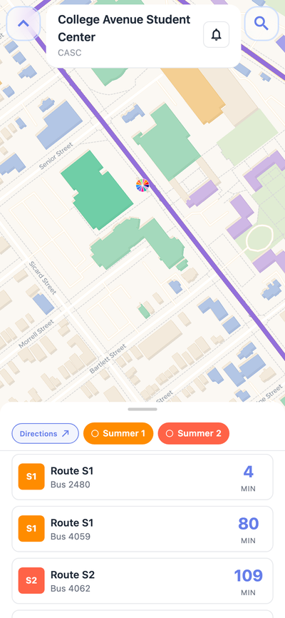 Rutgers bus stop arrival times on Navgic mobile