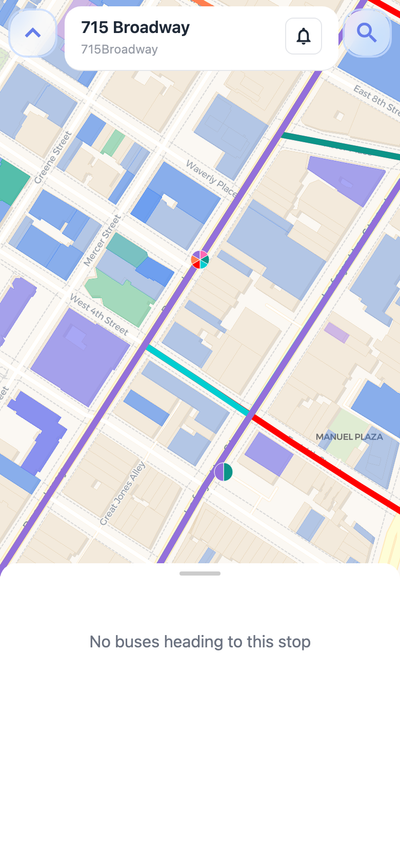NYU transit stop details sheet on Navgic mobile