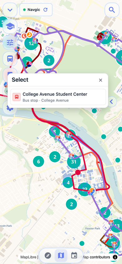 Rutgers stop details with Directions button on Navgic mobile